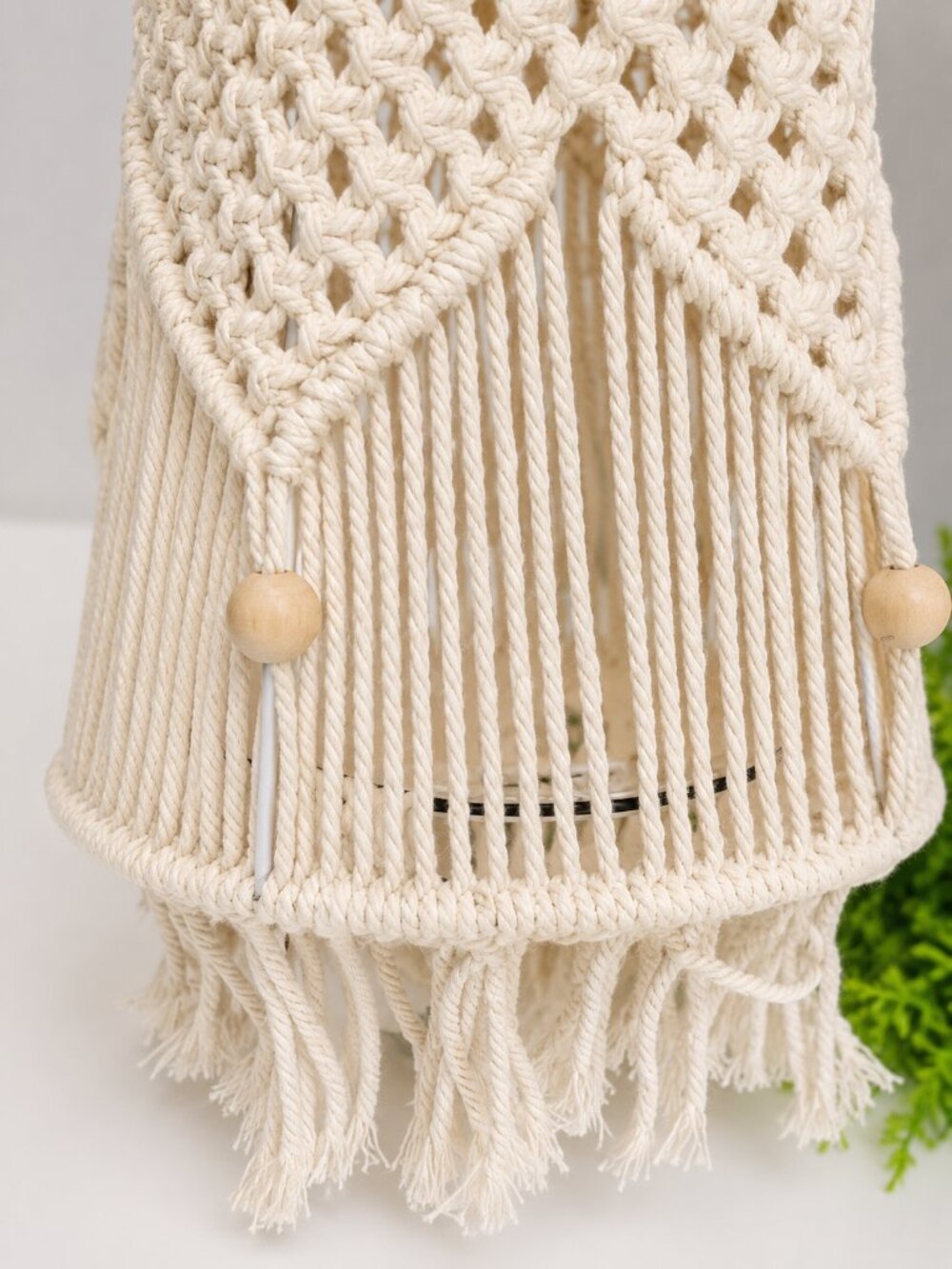Boho Macrame Lamp Shade Ivory Hand Woven Cotton Fringe Pendant Cover NWOT - Picture 3 of 5